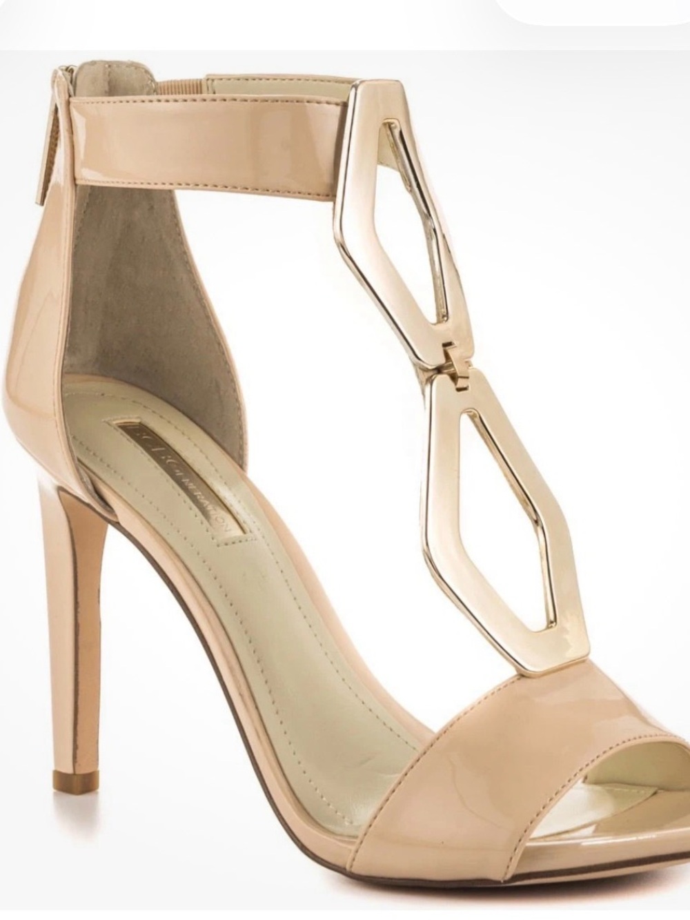 BCBGeneration Nude Patent Heel Sandals with Gold Geometric Accent